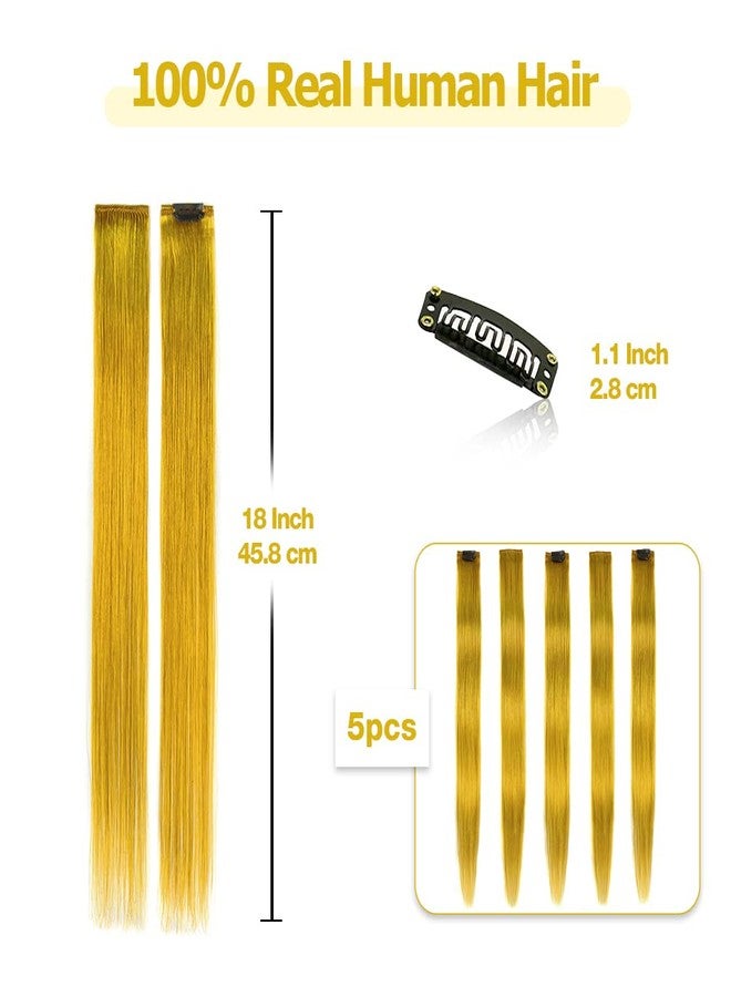 Winsky Colored Hair Extensions Real Human Hair - Clip in Party Highlights Halloween Hair Piece 5 Pieces/Set (18inch,Yellow) - Image 2